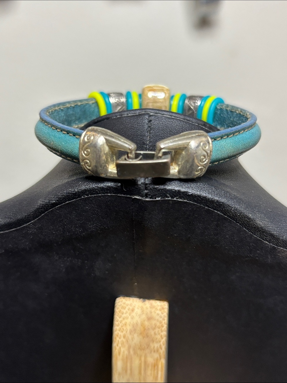 Ceramic Leather Boho Blue Green Beaded  Bracelet - Picture 3 of 7
